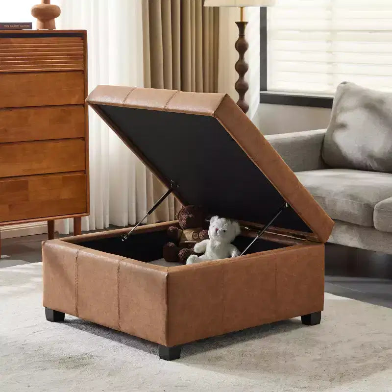 Pouf de rangement carré en similicuir de 89 cm avec couvercle relevable et espace de rangement dissimulé, pour salon ou chambre à coucher