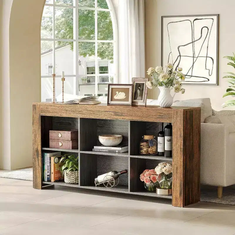 Console étroite Lantine de 63 pouces avec 6 cubes de rangement, style rustique pour l'entrée, le salon, ou comme bout de canapé.