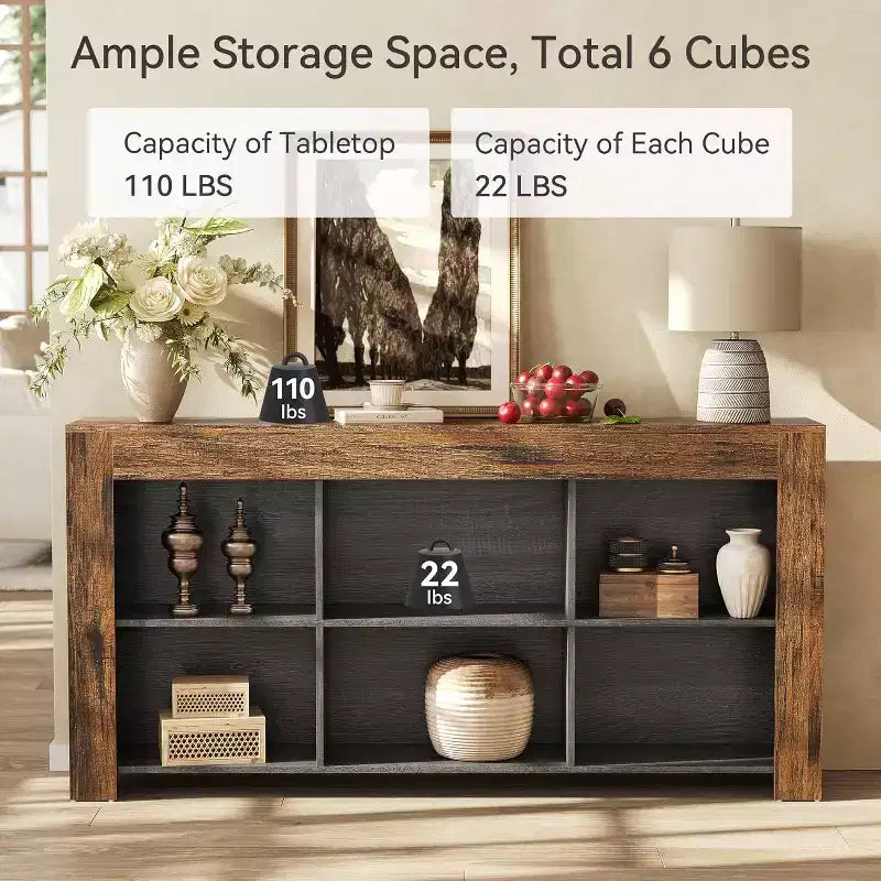 Console étroite Lantine de 63 pouces avec 6 cubes de rangement, style rustique pour l'entrée, le salon, ou comme bout de canapé.