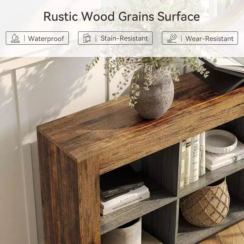 Console étroite Lantine de 63 pouces avec 6 cubes de rangement, style rustique pour l'entrée, le salon, ou comme bout de canapé.
