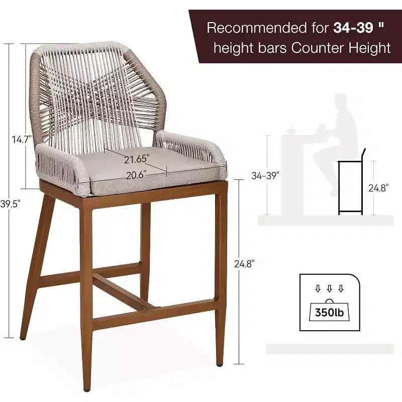 Tabourets de bar hauteur comptoir, lot de 4, tabourets de bar en rotin de 63 cm de haut, chaise de salle à manger à dossier pour la maison, design ergonomique confortable avec dossier et accoudoirs, marron