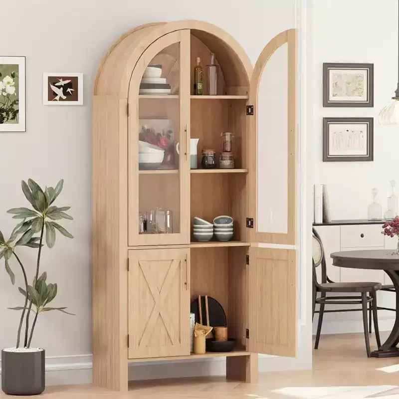 Meuble de rangement à double arc de 150 cm avec portes vitrées, buffet de rangement moderne en bois avec étagères réglables pour cuisine, salle de bain, entrée, salle à manger