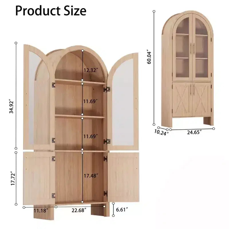 Meuble de rangement à double arc de 150 cm avec portes vitrées, buffet de rangement moderne en bois avec étagères réglables pour cuisine, salle de bain, entrée, salle à manger