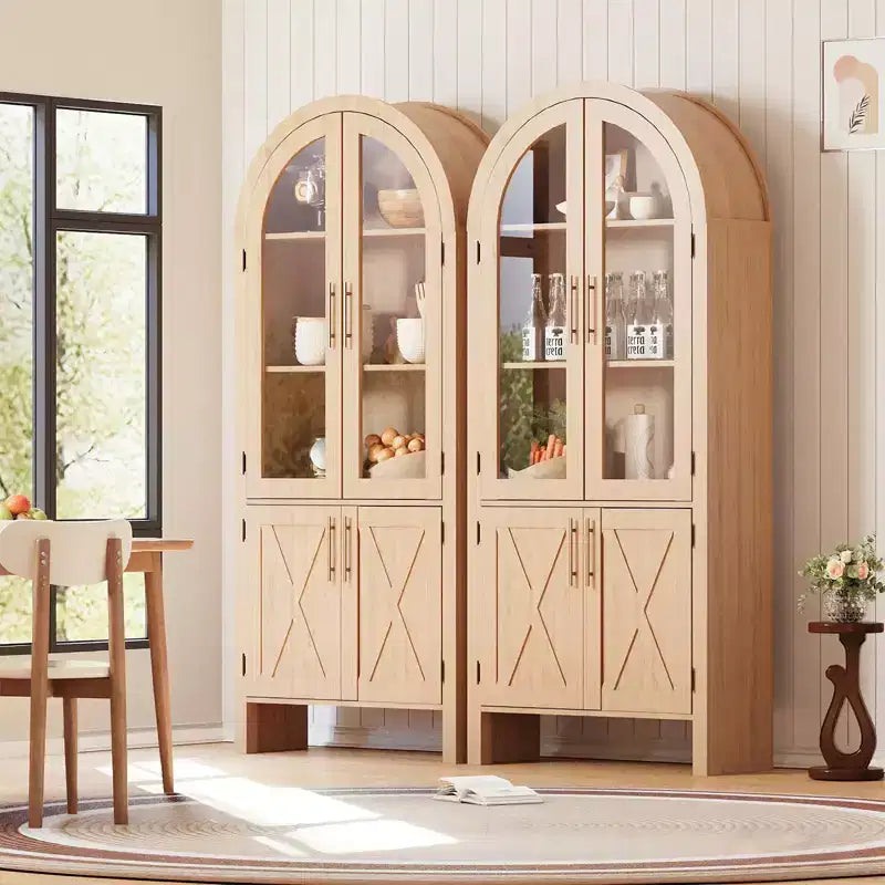 Meuble de rangement à double arc de 150 cm avec portes vitrées, buffet de rangement moderne en bois avec étagères réglables pour cuisine, salle de bain, entrée, salle à manger