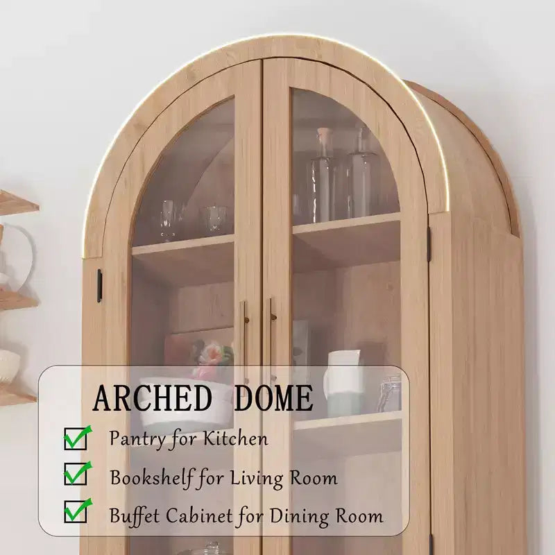 Meuble de rangement à double arc de 150 cm avec portes vitrées, buffet de rangement moderne en bois avec étagères réglables pour cuisine, salle de bain, entrée, salle à manger