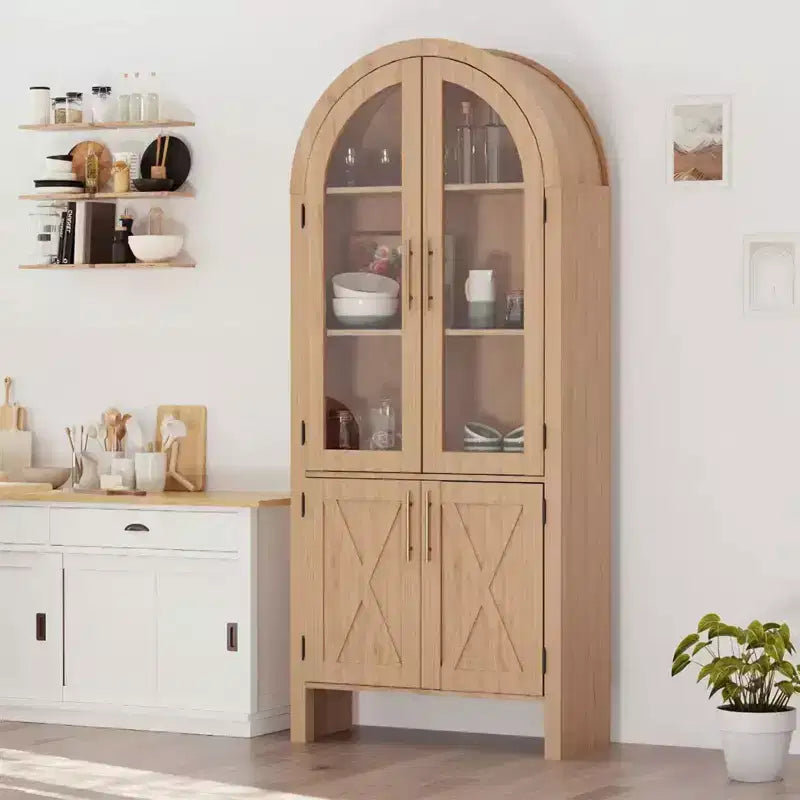 Meuble de rangement à double arc de 150 cm avec portes vitrées, buffet de rangement moderne en bois avec étagères réglables pour cuisine, salle de bain, entrée, salle à manger