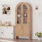 Meuble de rangement à double arc de 150 cm avec portes vitrées, buffet de rangement moderne en bois avec étagères réglables pour cuisine, salle de bain, entrée, salle à manger