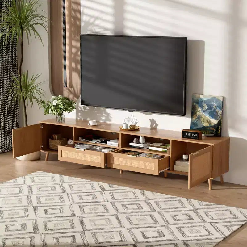 Meuble TV en rotin ModernLuxe pour téléviseurs jusqu'à 90", meuble console TV de ferme moderne avec espace de rangement, naturel