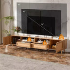 Meuble TV en rotin ModernLuxe pour téléviseurs jusqu'à 90", meuble console TV de ferme moderne avec espace de rangement, naturel