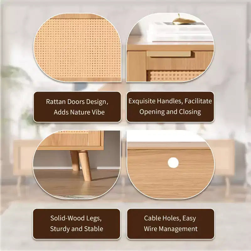 Meuble TV en rotin ModernLuxe pour téléviseurs jusqu'à 90", meuble console TV de ferme moderne avec espace de rangement, naturel