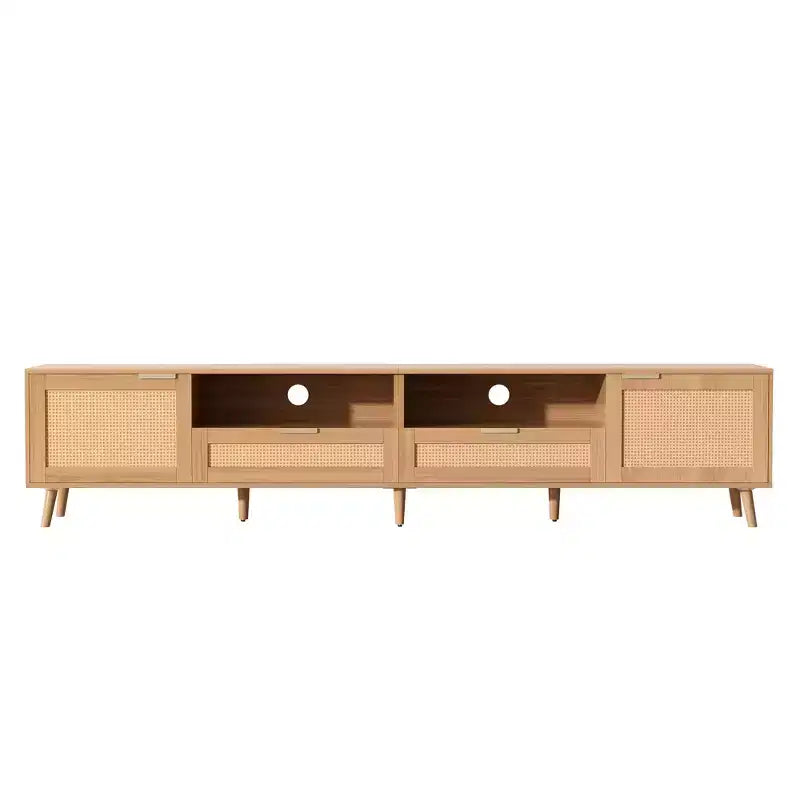 Meuble TV en rotin ModernLuxe pour téléviseurs jusqu'à 90", meuble console TV de ferme moderne avec espace de rangement, naturel