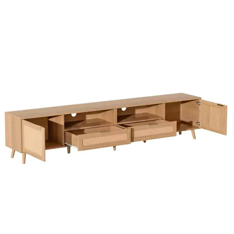 Meuble TV en rotin ModernLuxe pour téléviseurs jusqu'à 90", meuble console TV de ferme moderne avec espace de rangement, naturel