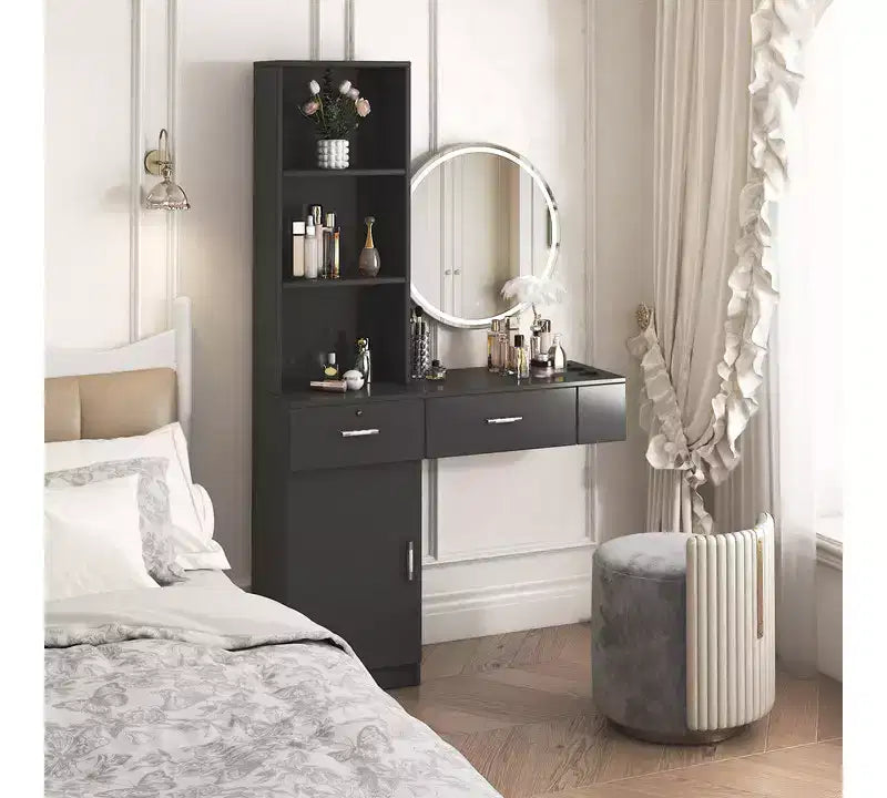 JVNOXK Miroir de courtoisie moderne et minimaliste avec rangement tridimensionnel à plusieurs niveaux, doté de deux compartiments de tiroirs fermés. Noir