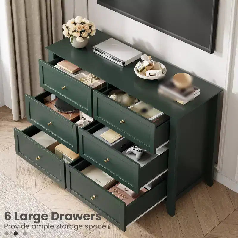 Commode à 6 tiroirs pour chambre à coucher, commode en bois de 120 cm de large avec poignées en métal, meuble TV, organisateur de rangement de vêtements pour chambre à coucher, marron
