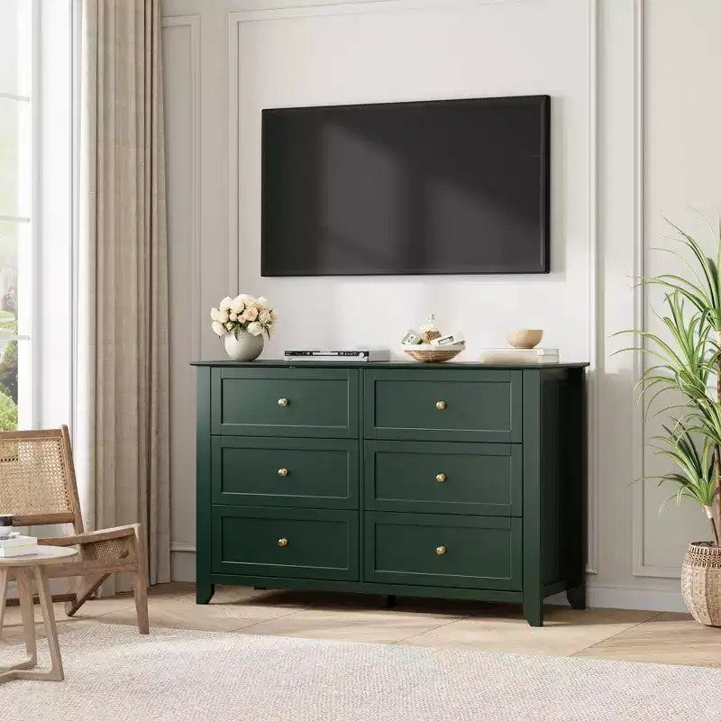 Commode à 6 tiroirs pour chambre à coucher, commode en bois de 120 cm de large avec poignées en métal, meuble TV, organisateur de rangement de vêtements pour chambre à coucher, marron