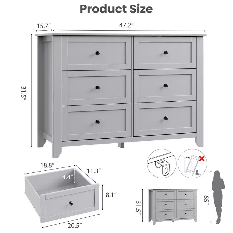 Commode à 6 tiroirs pour chambre à coucher, commode en bois de 120 cm de large avec poignées en métal, meuble TV, organisateur de rangement de vêtements pour chambre à coucher, marron