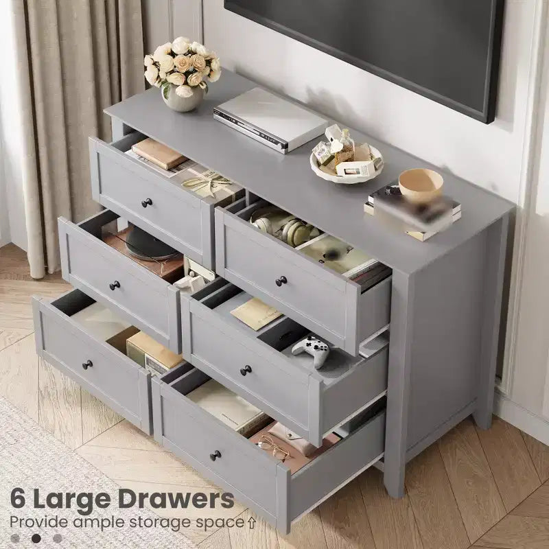 Commode à 6 tiroirs pour chambre à coucher, commode en bois de 120 cm de large avec poignées en métal, meuble TV, organisateur de rangement de vêtements pour chambre à coucher, marron