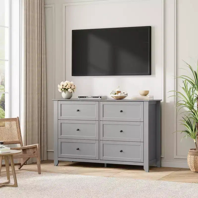 Commode à 6 tiroirs pour chambre à coucher, commode en bois de 120 cm de large avec poignées en métal, meuble TV, organisateur de rangement de vêtements pour chambre à coucher, marron