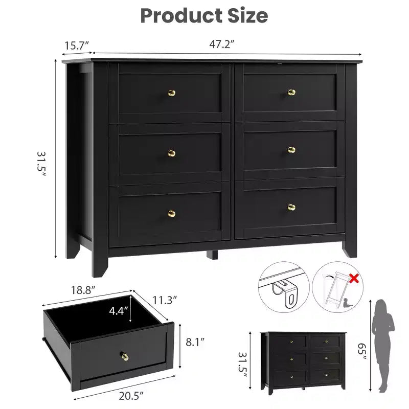 Commode à 6 tiroirs pour chambre à coucher, commode en bois de 120 cm de large avec poignées en métal, meuble TV, organisateur de rangement de vêtements pour chambre à coucher, marron