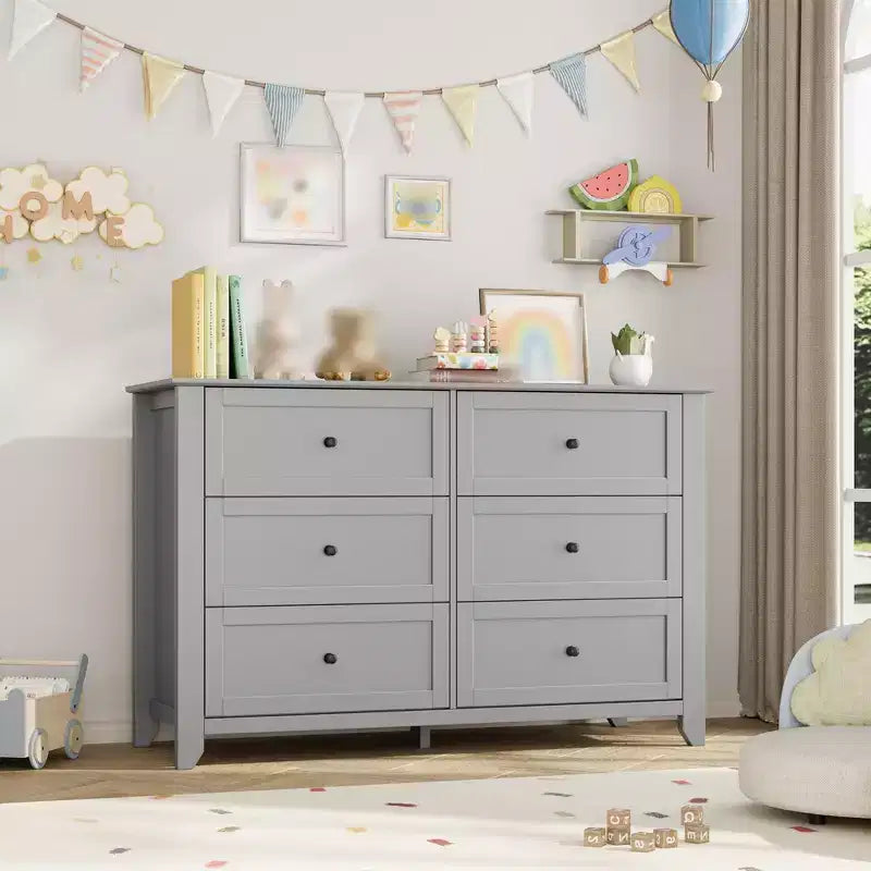 Commode à 6 tiroirs pour chambre à coucher, commode en bois de 120 cm de large avec poignées en métal, meuble TV, organisateur de rangement de vêtements pour chambre à coucher, marron