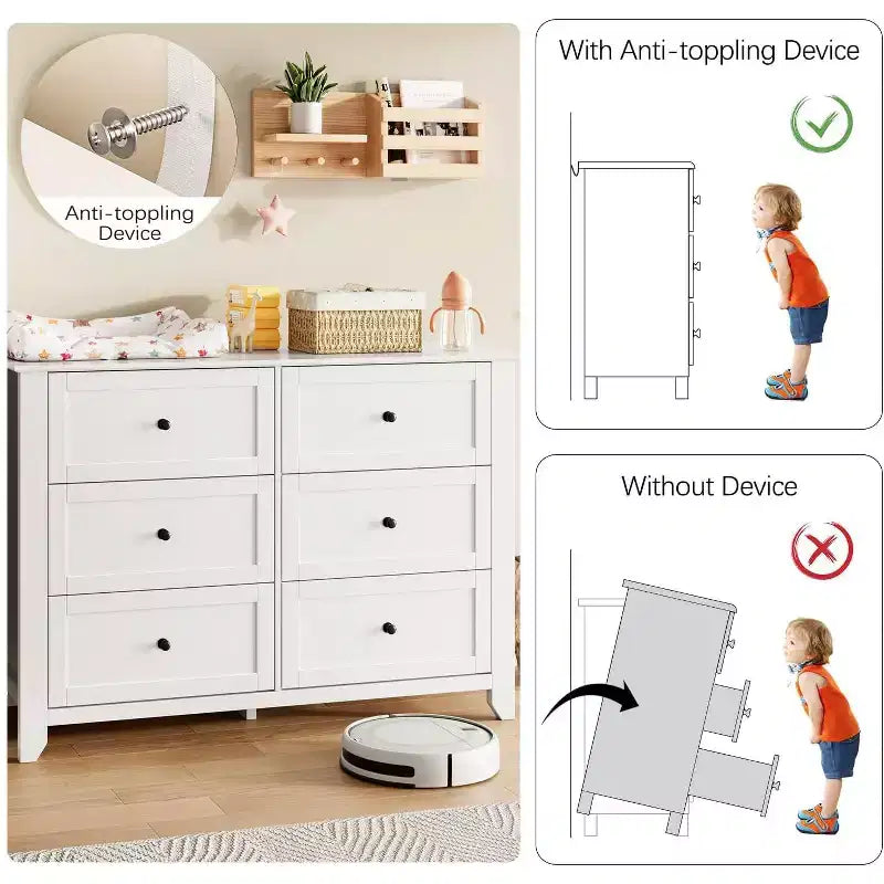 Commode à 6 tiroirs pour chambre à coucher, commode en bois de 120 cm de large avec poignées en métal, meuble TV, organisateur de rangement de vêtements pour chambre à coucher, marron