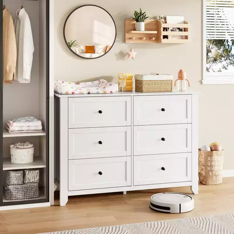 Commode à 6 tiroirs pour chambre à coucher, commode en bois de 120 cm de large avec poignées en métal, meuble TV, organisateur de rangement de vêtements pour chambre à coucher, marron