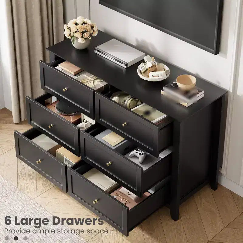 Commode à 6 tiroirs pour chambre à coucher, commode en bois de 120 cm de large avec poignées en métal, meuble TV, organisateur de rangement de vêtements pour chambre à coucher, marron