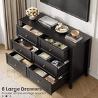 Commode à 6 tiroirs pour chambre à coucher, commode en bois de 120 cm de large avec poignées en métal, meuble TV, organisateur de rangement de vêtements pour chambre à coucher, marron