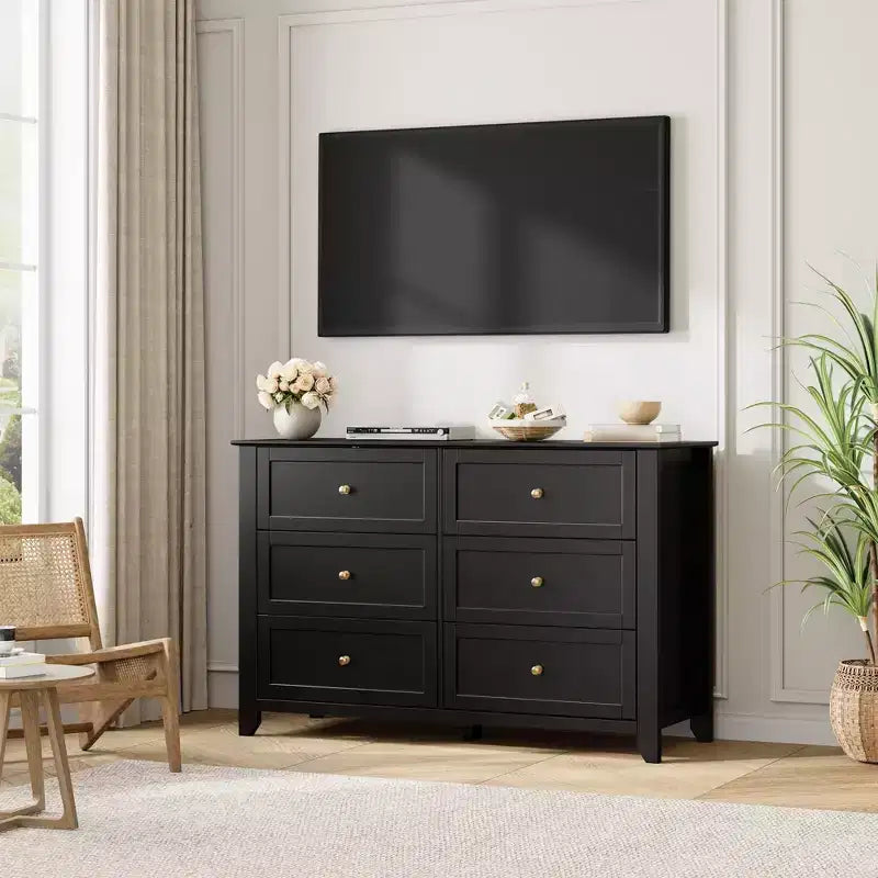 Commode à 6 tiroirs pour chambre à coucher, commode en bois de 120 cm de large avec poignées en métal, meuble TV, organisateur de rangement de vêtements pour chambre à coucher, marron