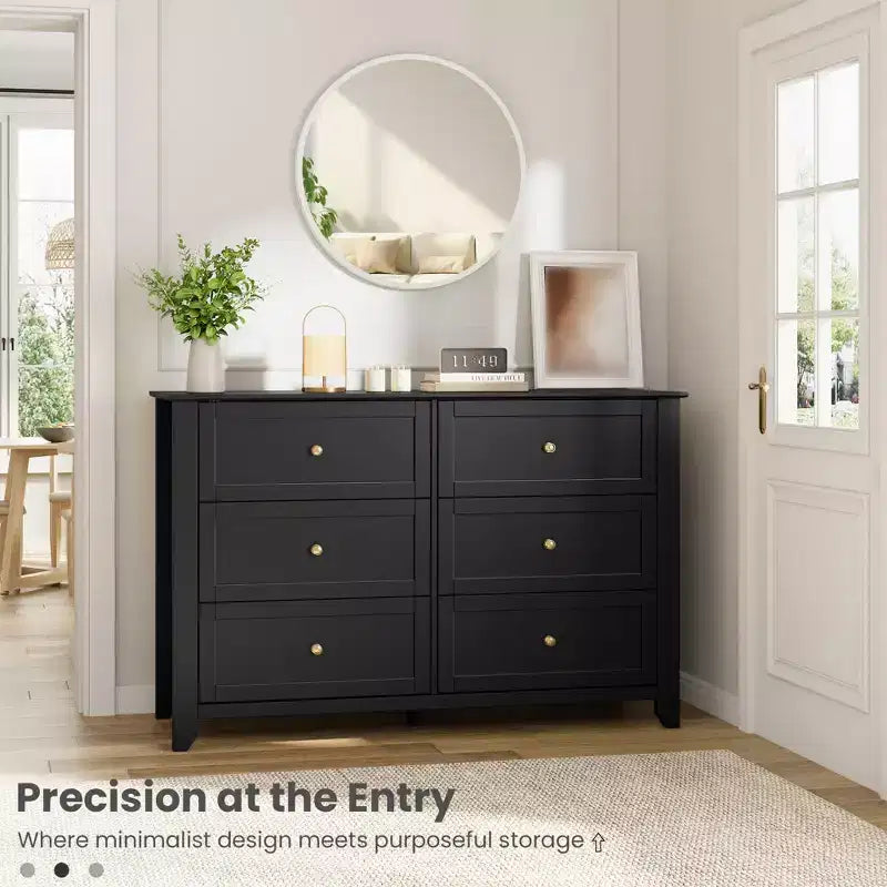 Commode à 6 tiroirs pour chambre à coucher, commode en bois de 120 cm de large avec poignées en métal, meuble TV, organisateur de rangement de vêtements pour chambre à coucher, marron