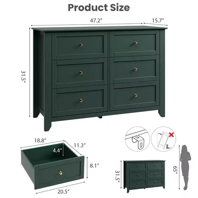 Commode à 6 tiroirs pour chambre à coucher, commode en bois de 120 cm de large avec poignées en métal, meuble TV, organisateur de rangement de vêtements pour chambre à coucher, marron