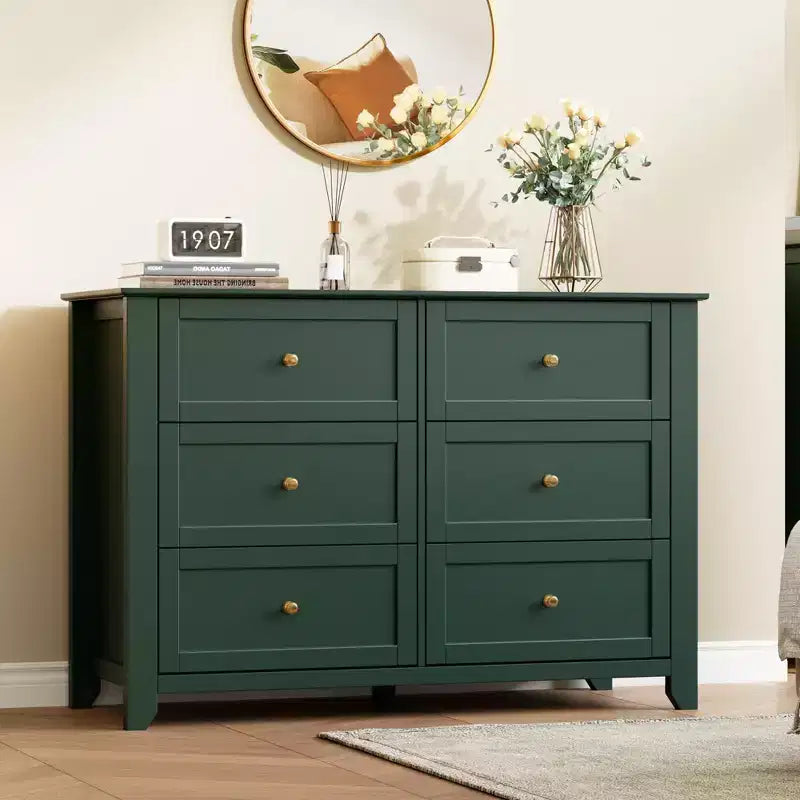 Commode à 6 tiroirs pour chambre à coucher, commode en bois de 120 cm de large avec poignées en métal, meuble TV, organisateur de rangement de vêtements pour chambre à coucher, marron