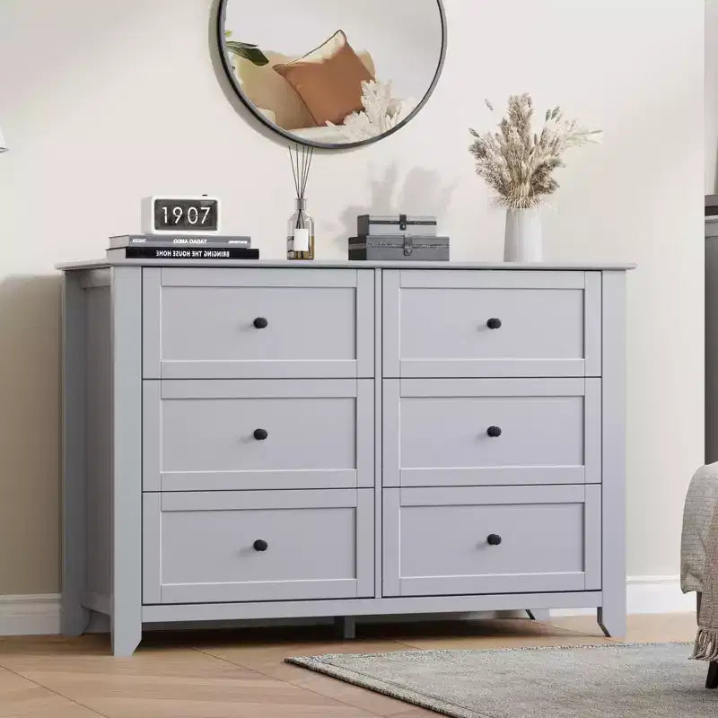 Commode à 6 tiroirs pour chambre à coucher, commode en bois de 120 cm de large avec poignées en métal, meuble TV, organisateur de rangement de vêtements pour chambre à coucher, marron