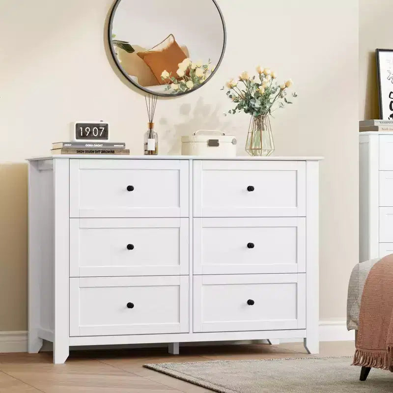 Commode à 6 tiroirs pour chambre à coucher, commode en bois de 120 cm de large avec poignées en métal, meuble TV, organisateur de rangement de vêtements pour chambre à coucher, marron