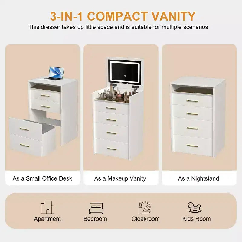 Table de toilette et table de chevet 3-en-1 avec miroir basculant, compacte avec rangement, plateau en verre