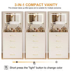 Table de toilette et table de chevet 3-en-1 avec miroir basculant, compacte avec rangement, plateau en verre