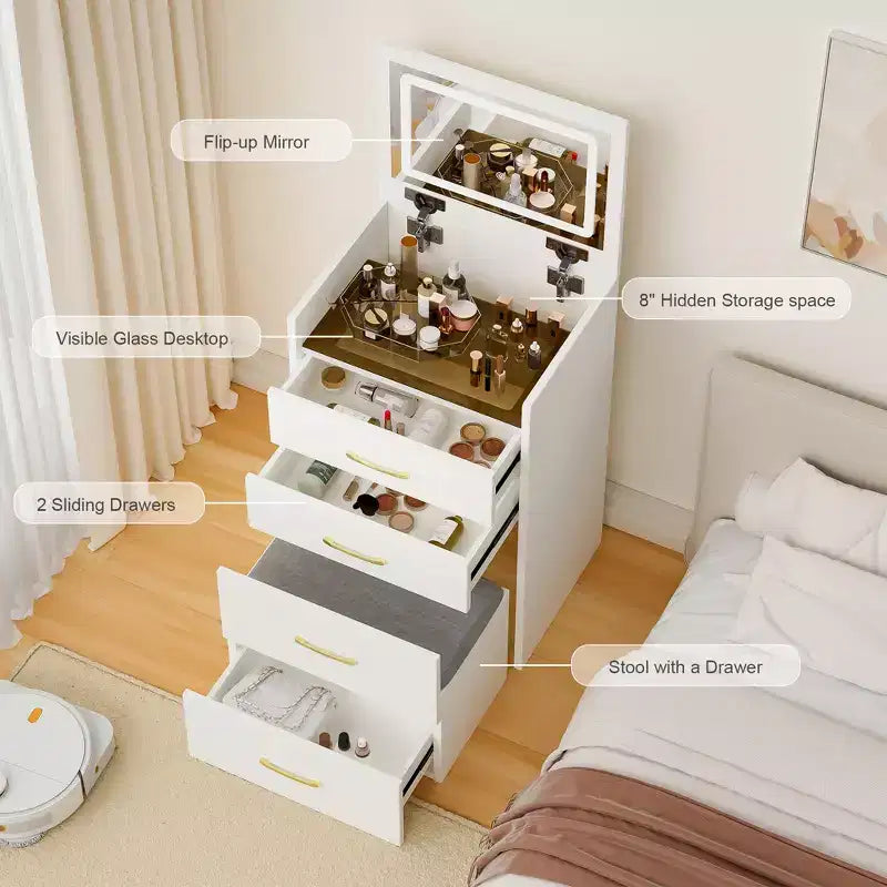 Table de toilette et table de chevet 3-en-1 avec miroir basculant, compacte avec rangement, plateau en verre