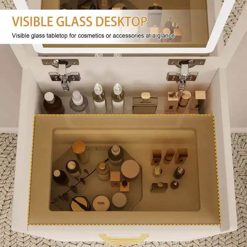 Table de toilette et table de chevet 3-en-1 avec miroir basculant, compacte avec rangement, plateau en verre