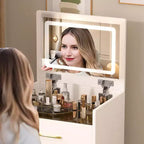Table de toilette et table de chevet 3-en-1 avec miroir basculant, compacte avec rangement, plateau en verre