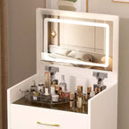 Table de toilette et table de chevet 3-en-1 avec miroir basculant, compacte avec rangement, plateau en verre
