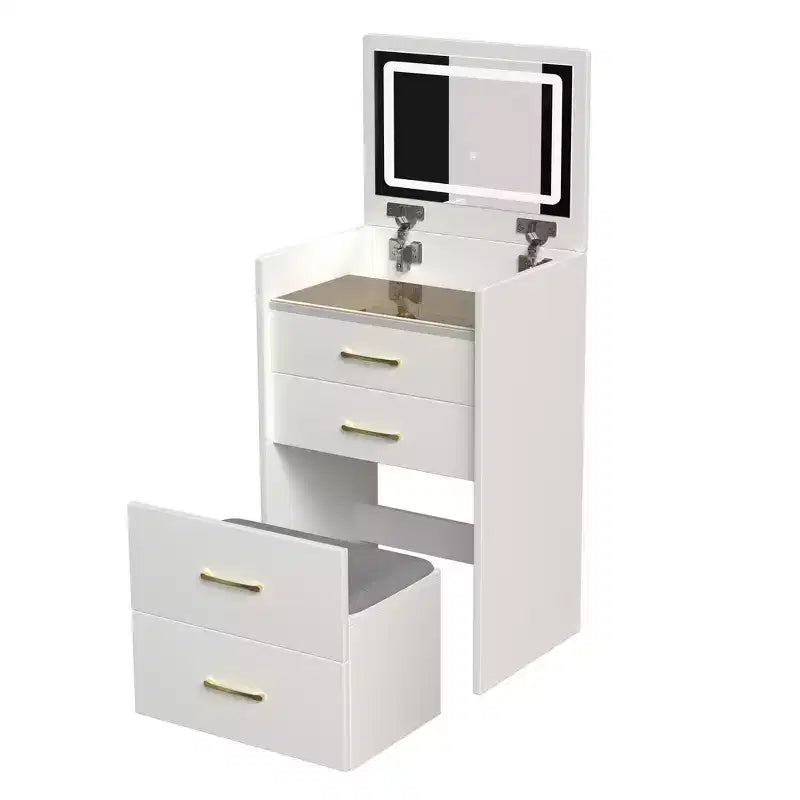 Table de toilette et table de chevet 3-en-1 avec miroir basculant, compacte avec rangement, plateau en verre