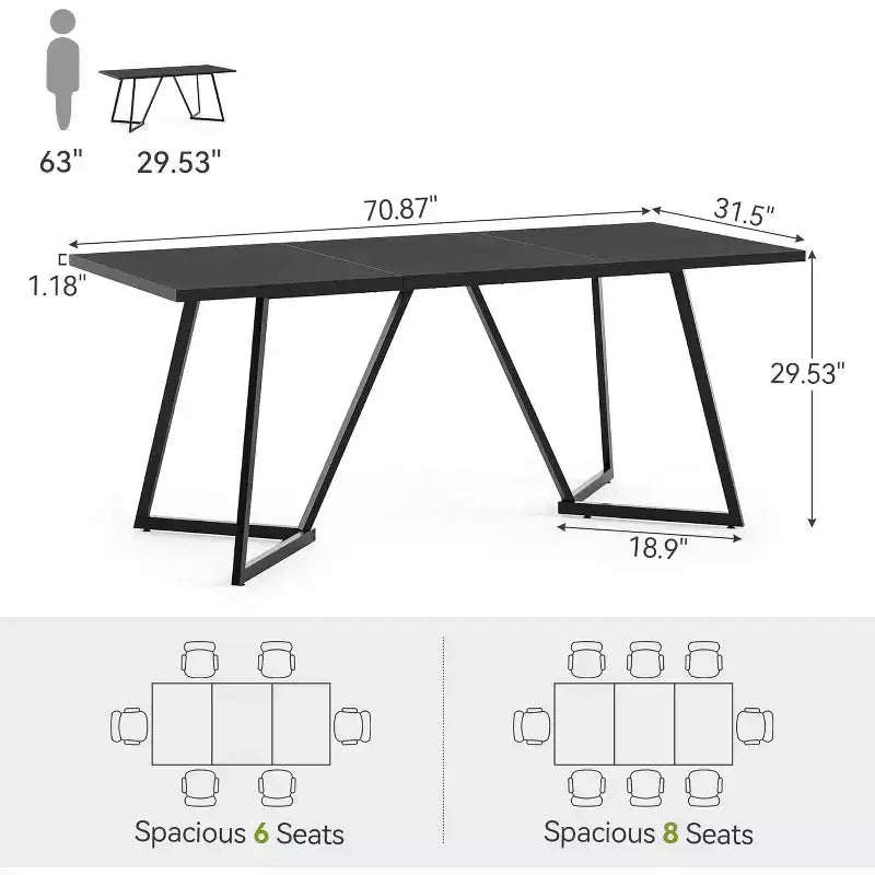 Table de conférence Lantine de 70,86 pouces pour 8 personnes, table de réunion rectangulaire noire avec base en métal, table de salle de conférence moderne de 5,9 pieds