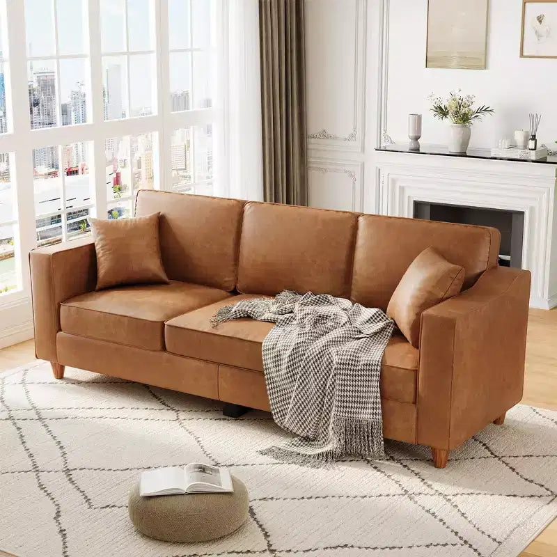 Modern 85 3-Seater Sofa in Faux Leather - Deep Seated Couches with Wide Armrests for Living Room Office