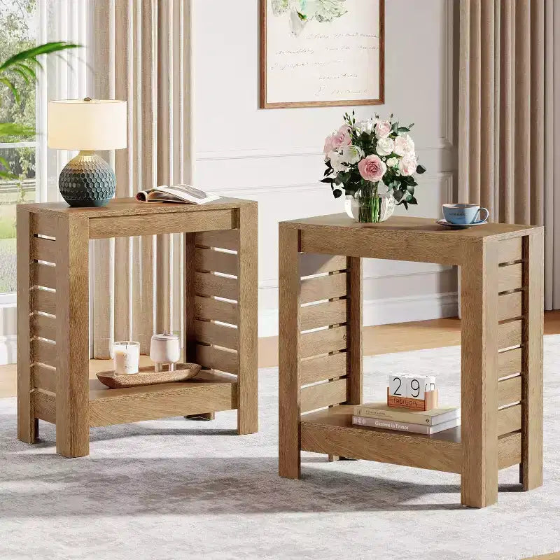 Lantine Narrow Side Table Set of 2, 2-Tier Farmhouse Wooden End Table with Storage Shelf for Living Room, Bedroom, Office, Easy Assembly