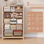 Commode moderne à 5 tiroirs avec rangement profond, coffre en bois élégant pour chambre à coucher, salon, entrée, offrant un grand espace pour une décoration intérieure organisée