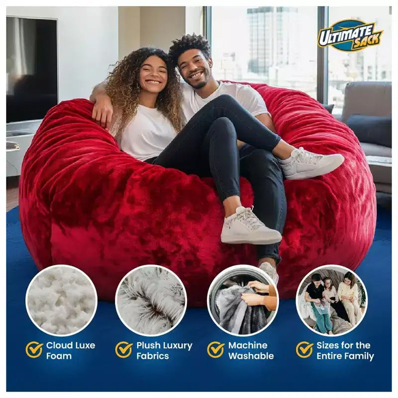 Fauteuil poire Ultimate Sack 5 pieds en mousse, recouvert de fourrure, avec pouf, rouge