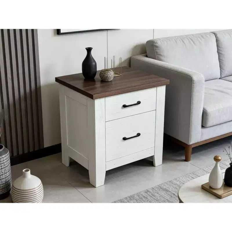 Minimalist Modern Bedside Table  White Bedside Table with Drawers and Brown Top, Ample Bedroom Storage, Sleek Home Decor, Contemporary Design