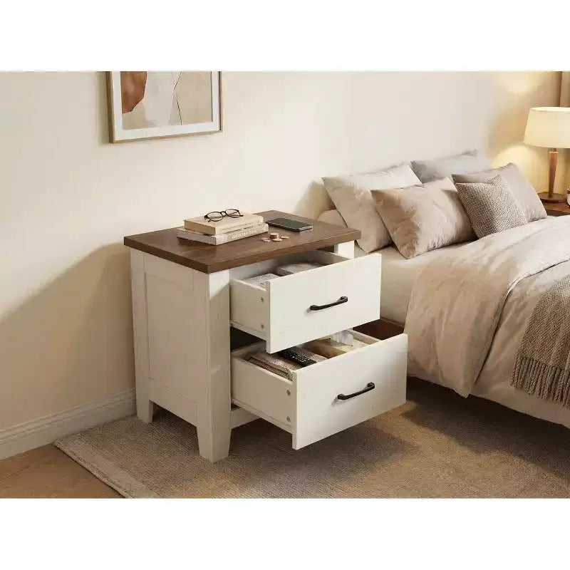 Table de chevet moderne minimaliste, table de chevet blanche avec tiroirs et plateau marron, grand espace de rangement pour chambre, décor épuré, design contemporain