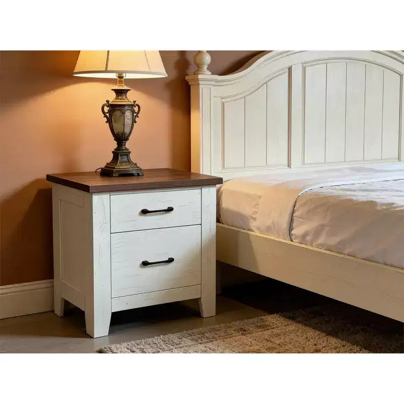 Table de chevet moderne minimaliste, table de chevet blanche avec tiroirs et plateau marron, grand espace de rangement pour chambre, décor épuré, design contemporain