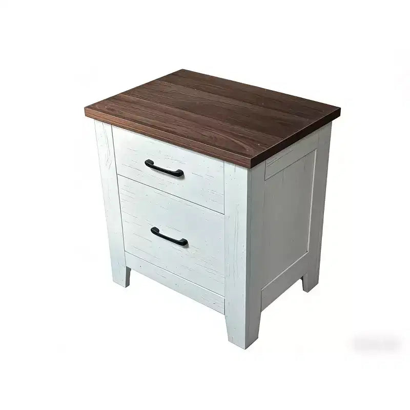 Table de chevet moderne minimaliste, table de chevet blanche avec tiroirs et plateau marron, grand espace de rangement pour chambre, décor épuré, design contemporain